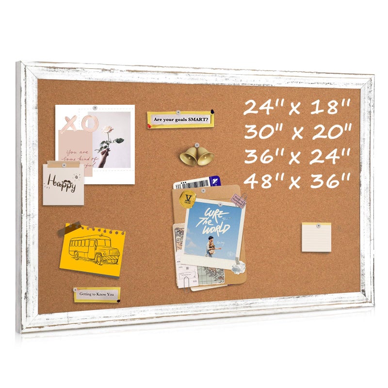 QUEENLINK Cork Board Bulletin Board, 36" x 24" Corkboard for Wall, Rustic White Wooden Frame, Hanging Pin Board for Home & Office Decor, 10 Push Pins - Image 1